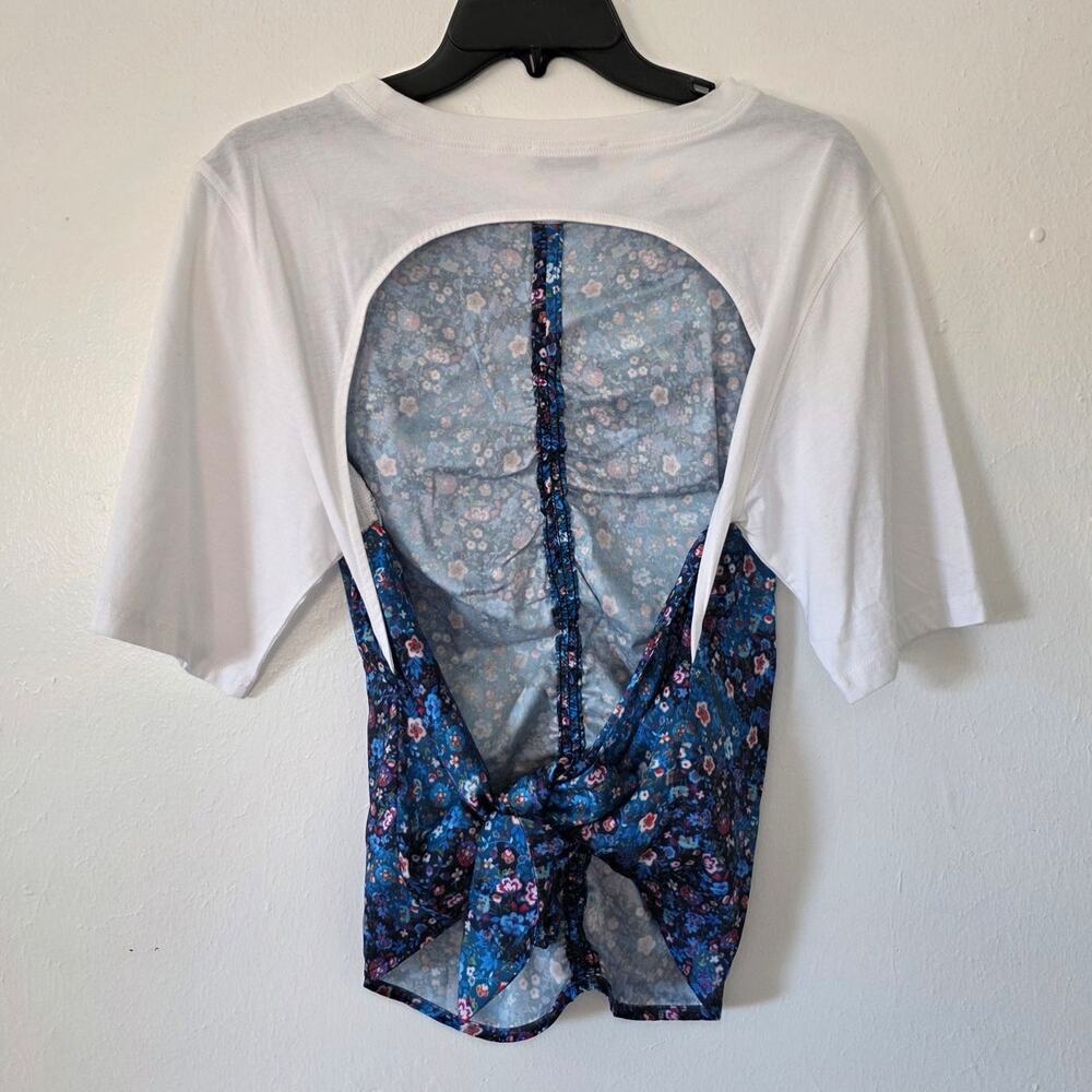 Sandro Lutetia Floral Print Mixed Media Top Open Back Tie Ruched Satin Blouse - Picture 4 of 12